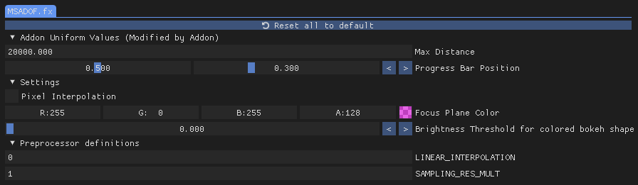Screenshot of the MSADOF shader UI
